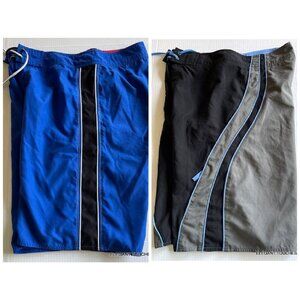 First Wave Mens Swim Board Shorts M Blue Black 34" Knee Length LOT 2 Drawstring